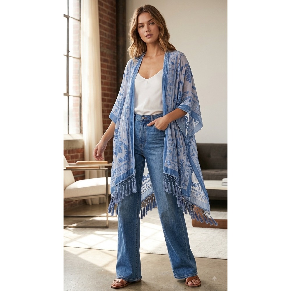 Free People Blue Velvet Burnout Kimono Tassel Fringe Wrap OS Floral Boho Wrap